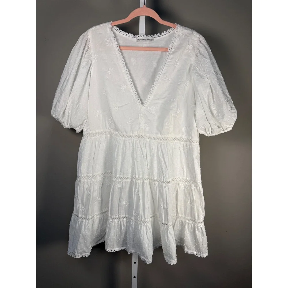 Abercrombie & Fitch White Embroidered Tiered Mini Dress Boho Cottagecore XL - Picture 2 of 11